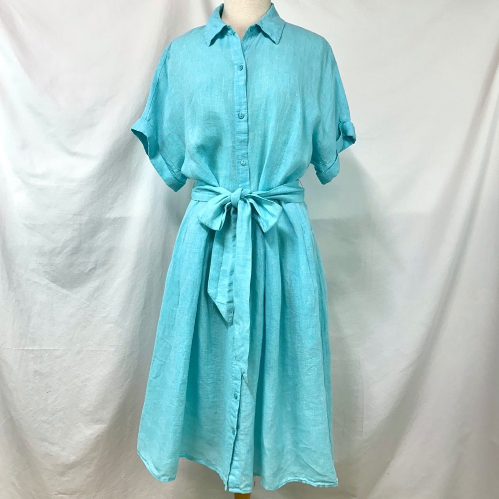 TALBOTS Sutton Shirt Dress Size 16 Blue 100% Linen Belted Midi Pockets Coastal